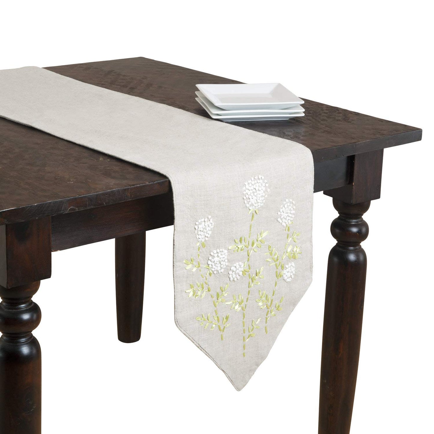 Fennco Styles French Knots Ribbon Embroidered Flower V-Shaped Table Runner 14" W X 72" L, Natural