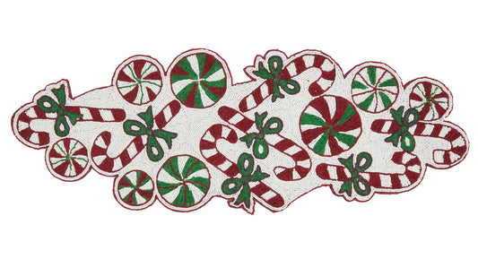 Fennco Styles Holiday Peppermint Candy Cane Hand Beaded Table Runner 13" W x 36" L - Multicolored Christmas Table Cover for Home Décor, Family Gathering, Banquets and Special Occasion