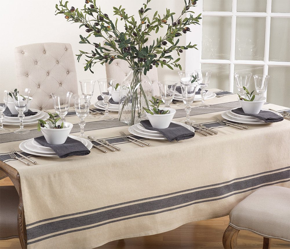 Fennco Styles Aulaire Banded Design 100% Cotton Tablecloth - Natural Striped Table Cover for Home, Dining Room Decor, Banquets, Family Gathering and Special Occasion