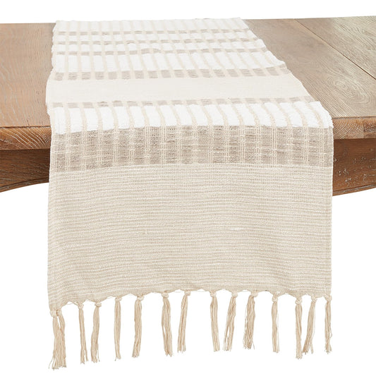 Fennco Styles Woven Natural Striped Design Table Runner with Tassels 16" W x 72" L - 100% Cotton Table Cover for Home Décor, Dining Table, Banquets, Family Gathering and Special Events