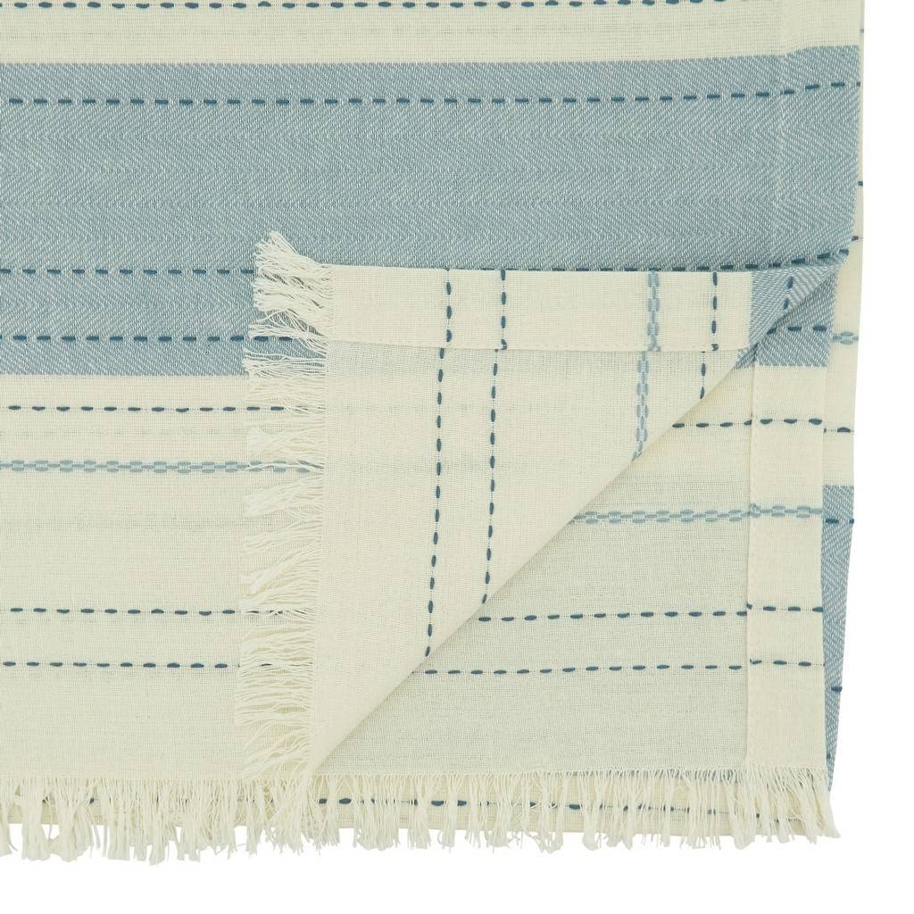 Fennco Styles Dobby Striped Cotton Fringe Table Runner 14" W x 72" L - Blue Line Design Table Cover for Home Décor, Holiday, Banquet, Family Gathering and Special Occasion