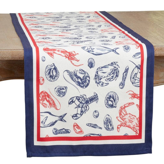 Fennco Styles Coastal Collection Sea Life Table Runner 16" W x 72" L - Navy Blue Ocean Sea Creatures Table Cover for Everyday Use, Family Gathering, Banquets and Special Occasion