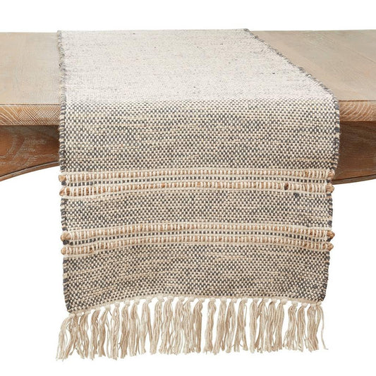 Fennco Styles Cotton Jute Woven Striped Tassel Table Runner 16" W x 72" L - Grey Modern Table Cover for Home Décor, Dining Table, Banquets, Family Gathering and Special Events