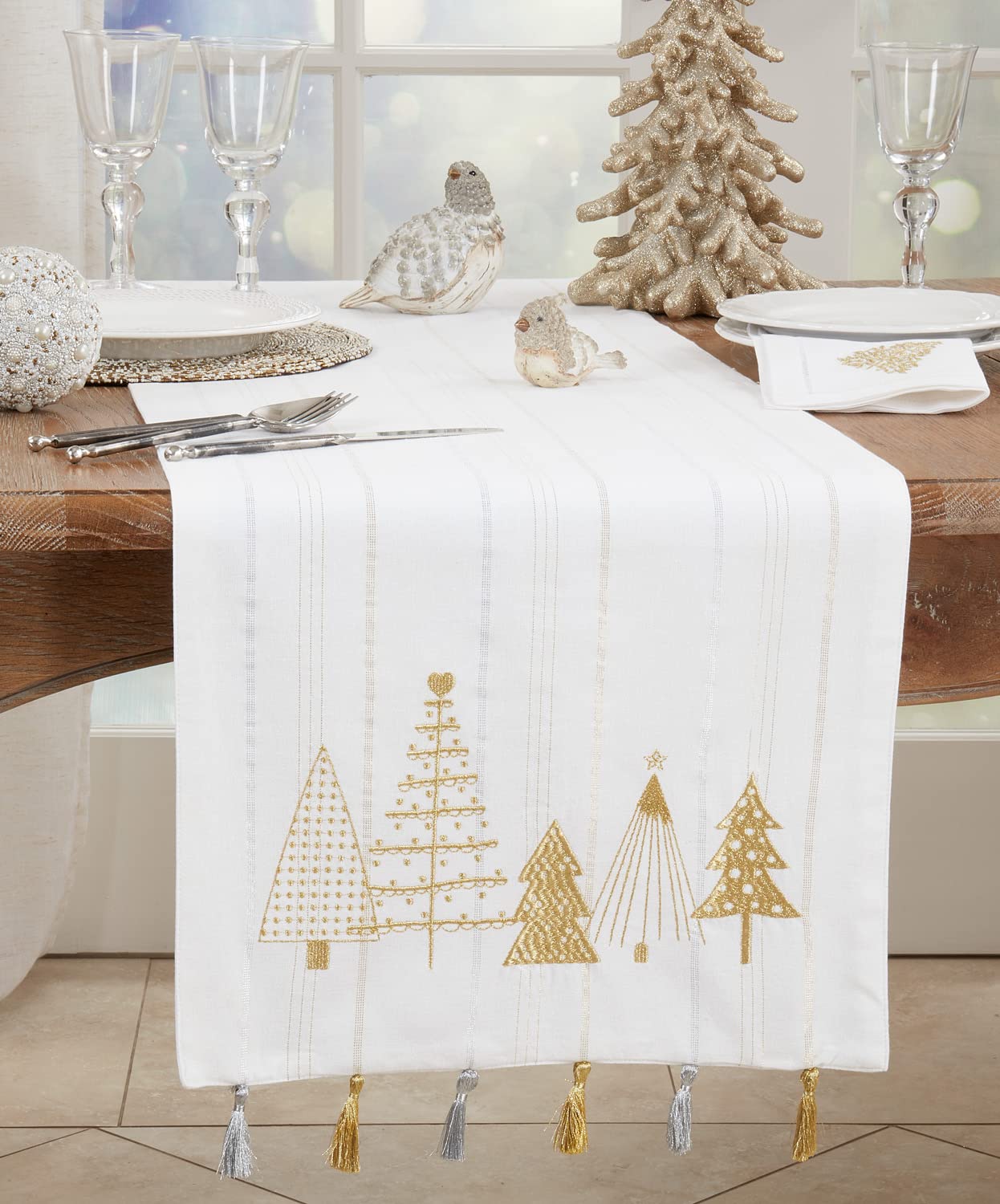 Fennco Styles Embroidered Christmas Trees Tassel Cotton Table Runner 16" W x 72" L - Gold Metallic Woven Table Cover for Home, Dining Room, Banquets and Christmas Décor