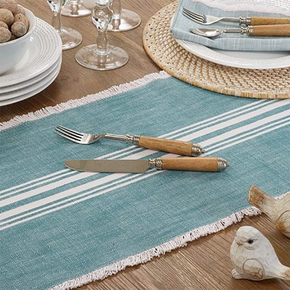 Fennco Styles Contemporary Striped Fringe Cotton Table Runner 13" W x 72" L - Blue Table Cover for Home, Dining Table Décor, Family Gathering, Banquets and Special Events