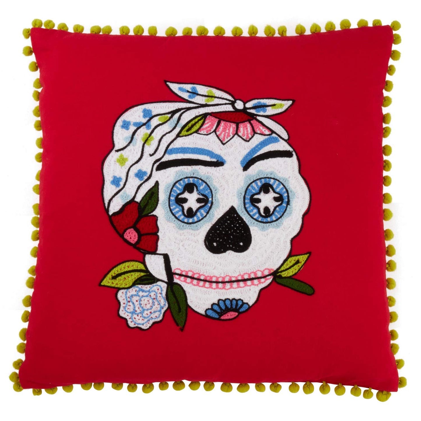 Fennco Styles Día de Los Muertos Collection Riveter Sugar Skull Embroidered 18 x 18 Inch Throw Pillow with Case & Insert – Red Throw Pillow for Couch, Bedroom and Living Room Décor