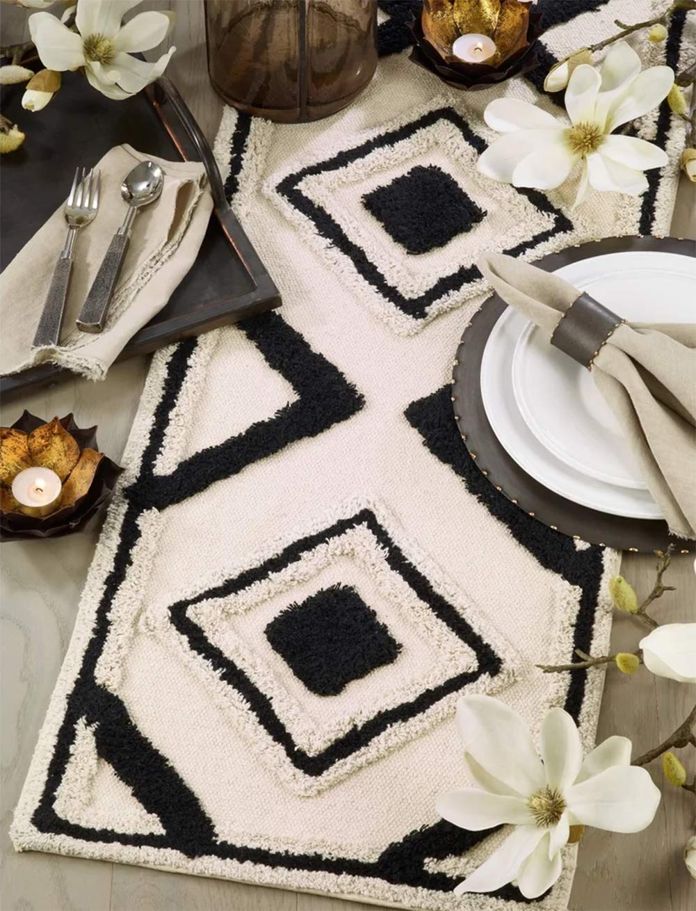 Fennco Styles Textured Geometric Design Cotton Rug Shag Table Runner 16 x 72 Inch Rectangular – Natural Black Table Cover for Home Décor, Dining Table, Banquets, Easter, Holidays and Special Occasions