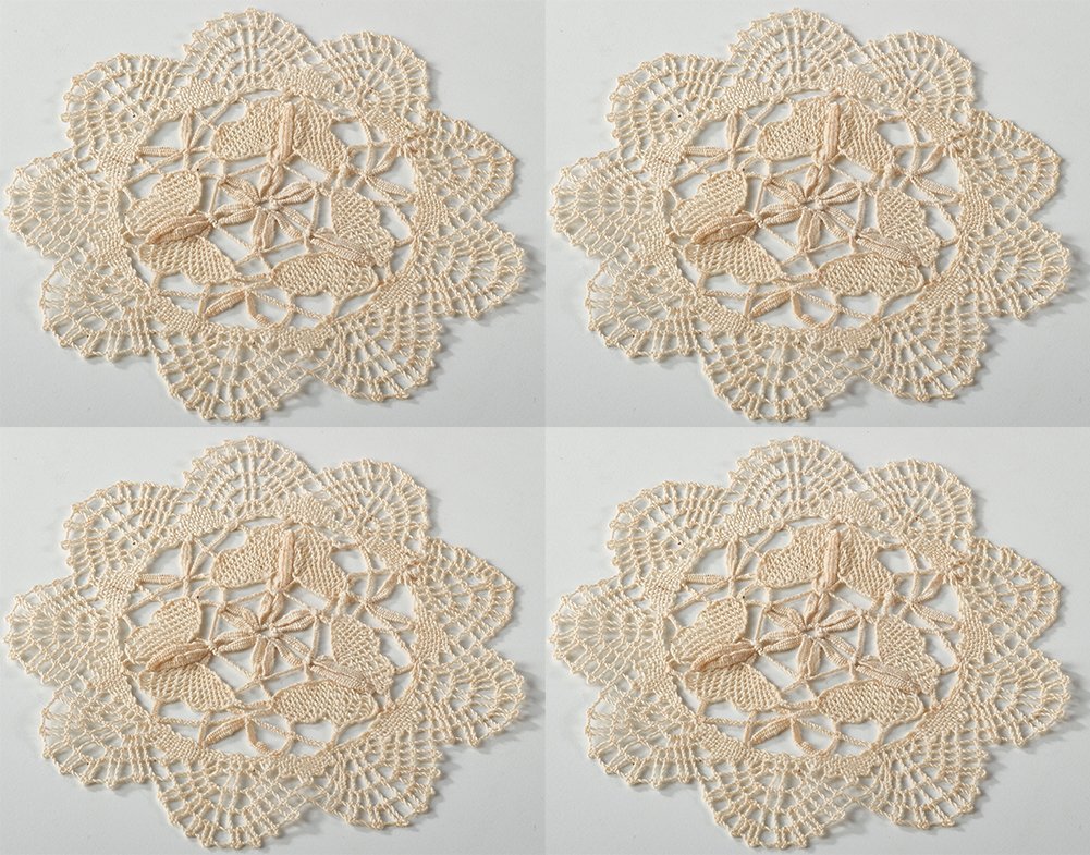Fennco Styles Handmade All-Over Cluny Lace Cotton Doilies, 6 Inches Round, Beige (4)