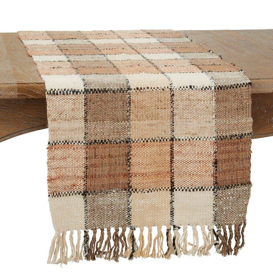 Fennco Styles Country Woven Checkered Fringe Cotton Table Runner 16" W x 72" L – Natural Rustic Table Cover for Dining Table, Banquets, Family Gathering, Farmhouse Events and Home Décor