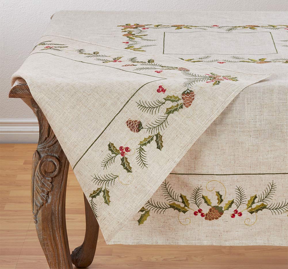 Fennco Styles Holiday Embroidered Pinecone and Holly Poly-Linen Natural Tablecloth