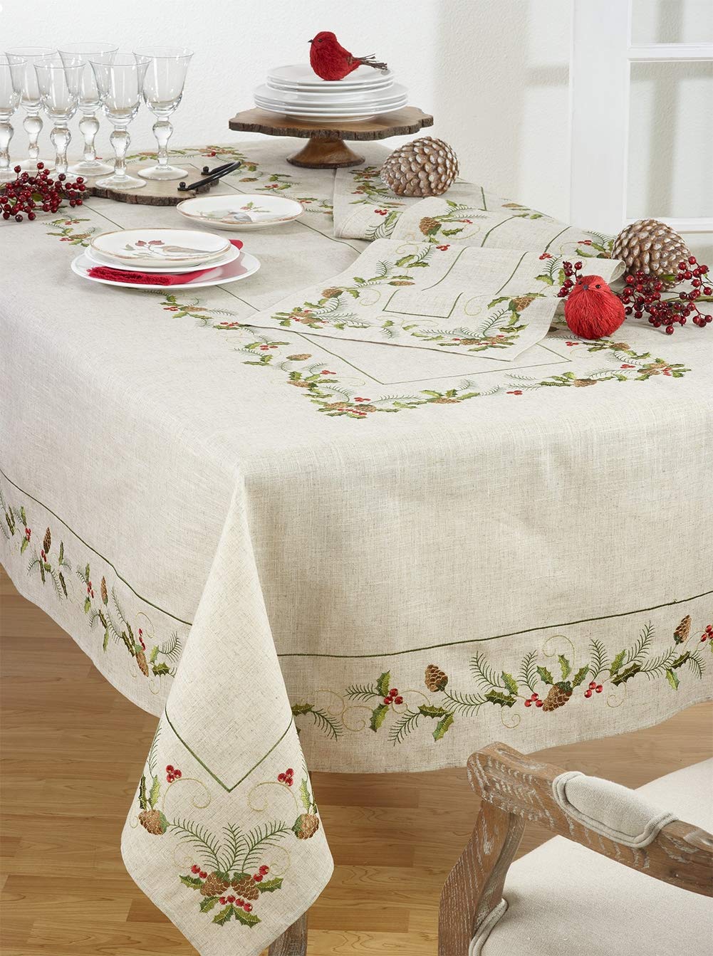 Fennco Styles Holiday Embroidered Pinecone and Holly Poly-Linen Natural Tablecloth