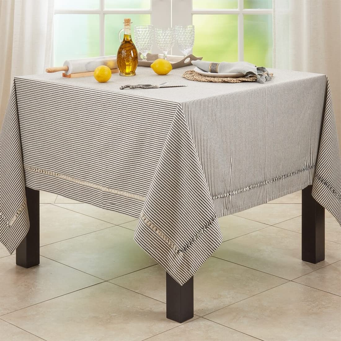 Fennco Styles Modern Stripe Design Hemstitch Cotton Table Runner 16" W x 54" L - Black & White Woven Table Cover for Home Décor, Dining Table, Banquet, Family Gathering and Special Occasion