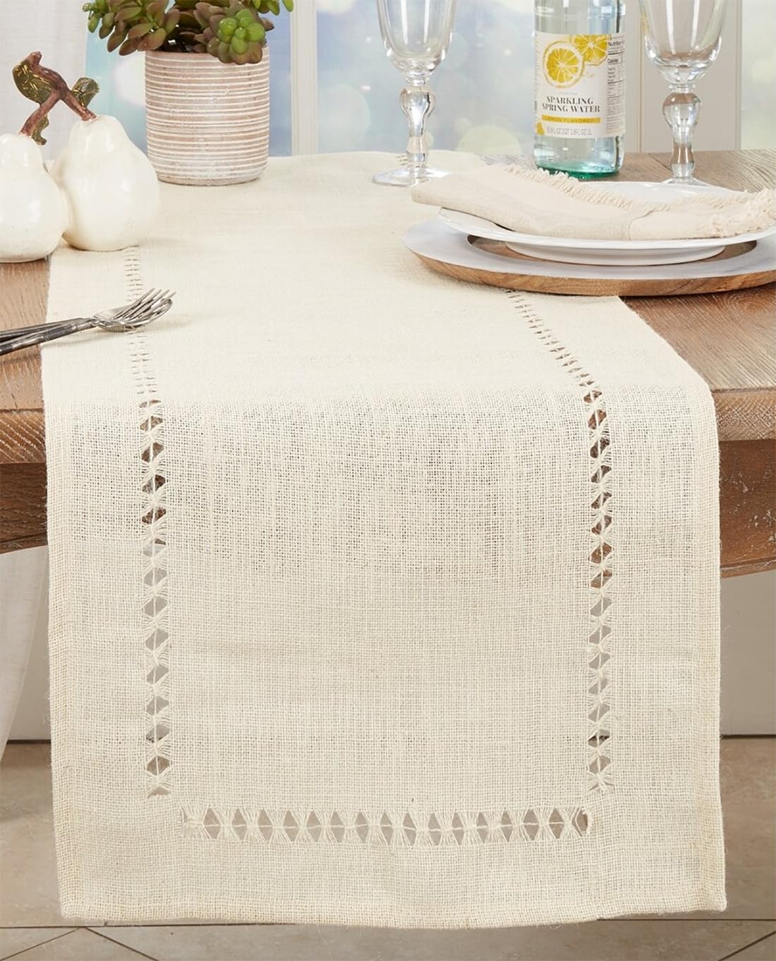 Fennco Styles Rustic Jute Hemstitch Table Runner 16" W x 72" L