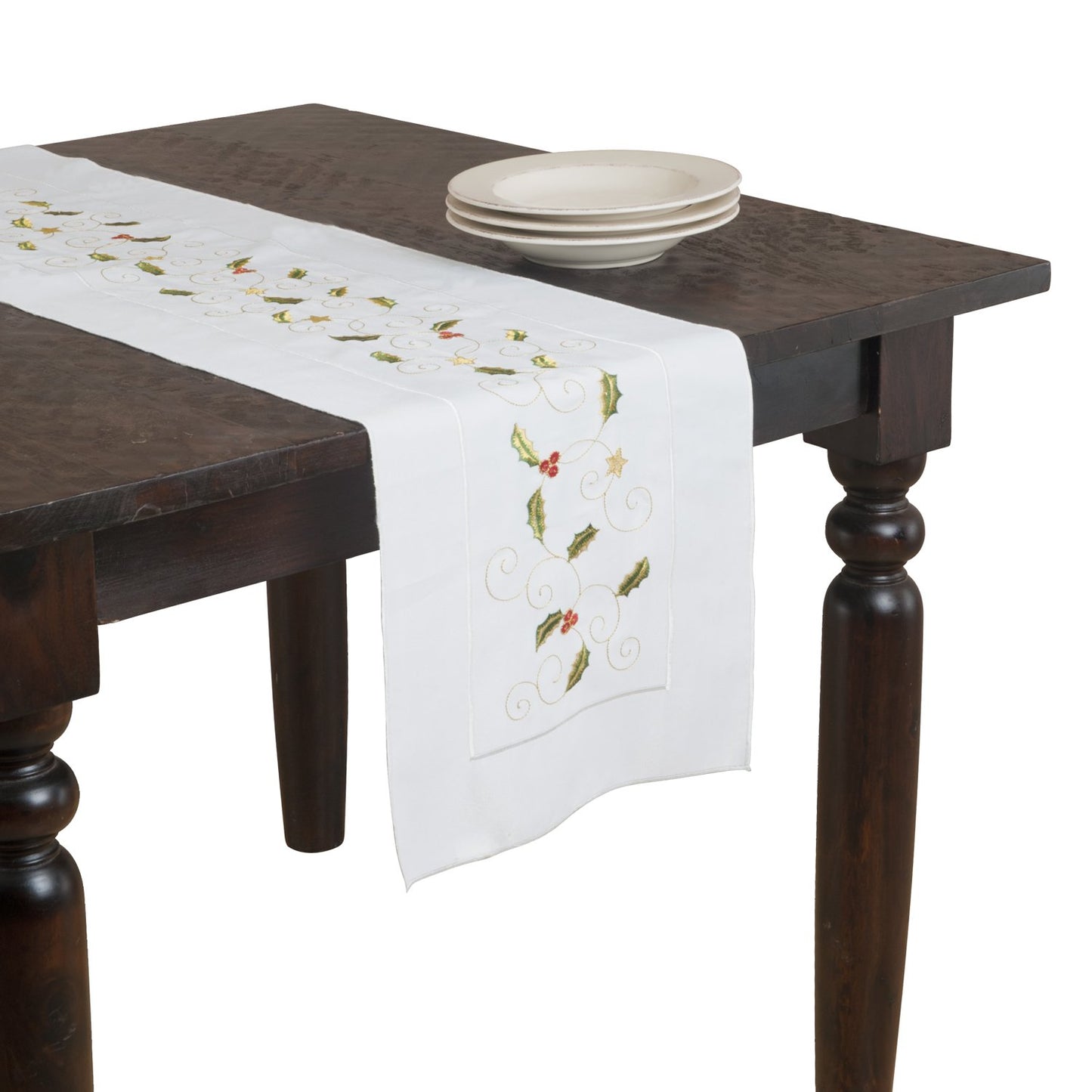 Embroidered Holly Design Table Runner, 14"x72" Rectangular