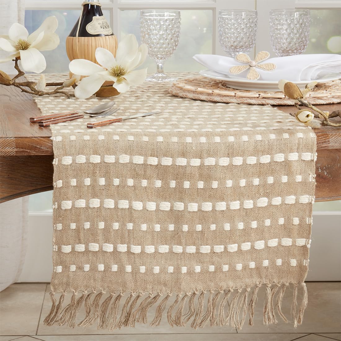 Fennco Styles Stitched Stripe with Fringe Cotton Table Runner 16" W x 72" L - Natural Woven Table Cover for Home, Dining Room, Banquets, Family Gatherings and Special Occasions