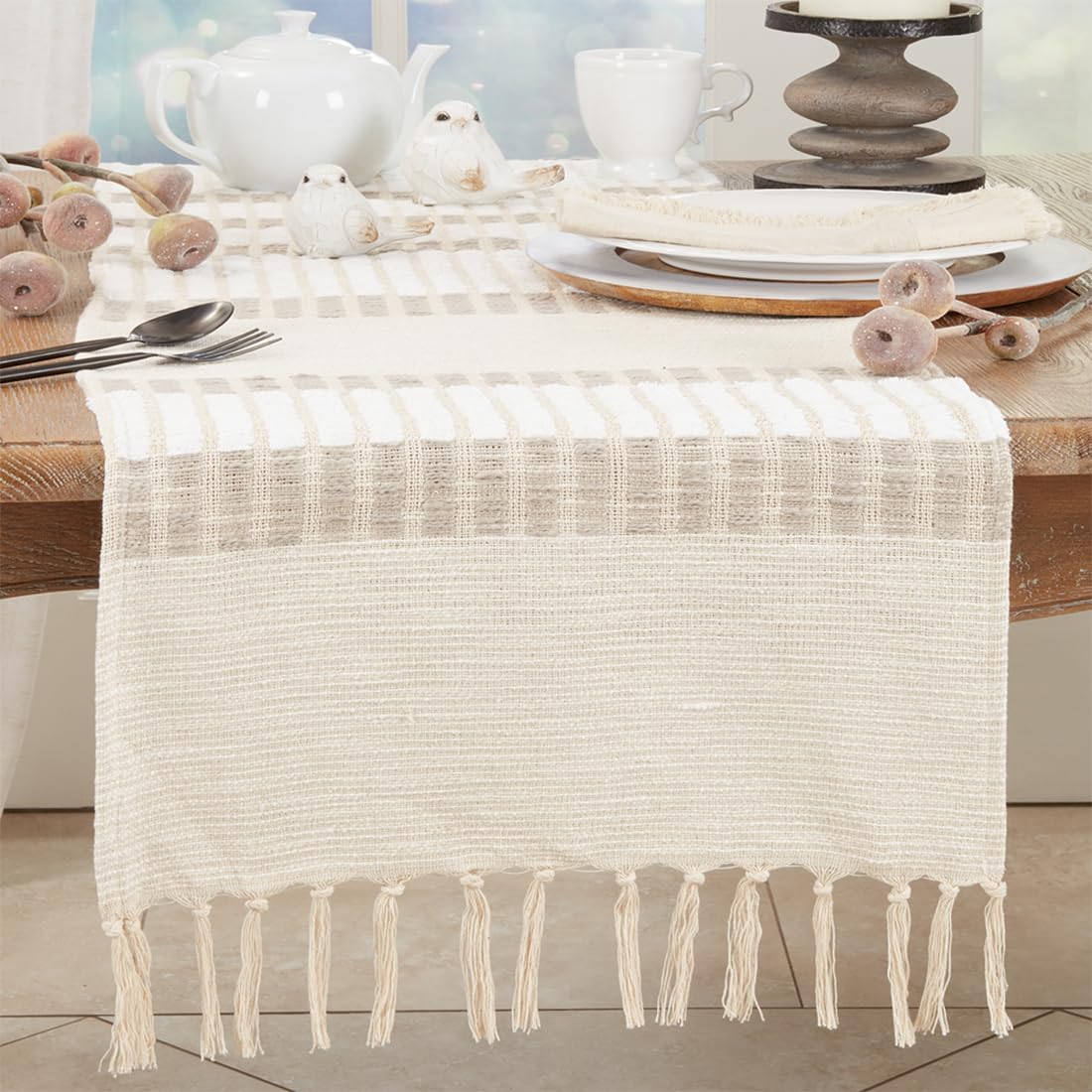 Fennco Styles Woven Natural Striped Design Table Runner with Tassels 16" W x 72" L - 100% Cotton Table Cover for Home Décor, Dining Table, Banquets, Family Gathering and Special Events