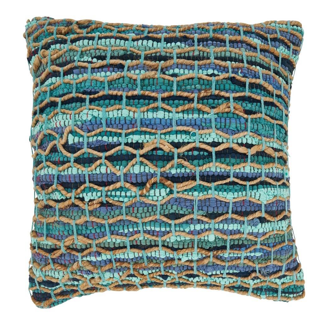 Fennco Styles Woven Net Chindi Cotton Jute Decorative Throw Pillow Cover 20" W x 20" L - Aqua Textured Cushion Case for Home, Couch, Living Room, Bedroom, Office and Holiday Décor