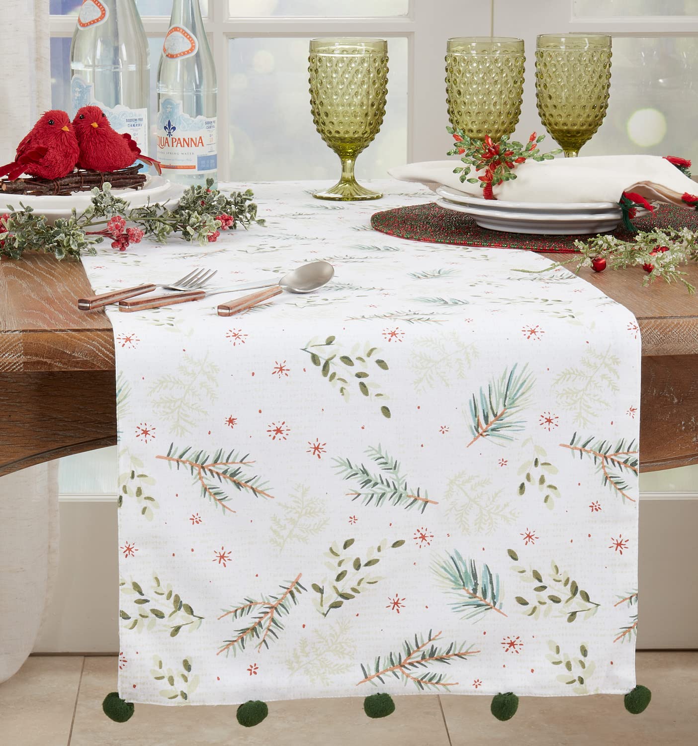 Fennco Styles Christmas Foliage Cotton Table Runner 16" W x 72" L - Green Pom Pom Festive Table Cover for Home, Dining Room, Winter Holiday Décor, Banquets, and Special Events