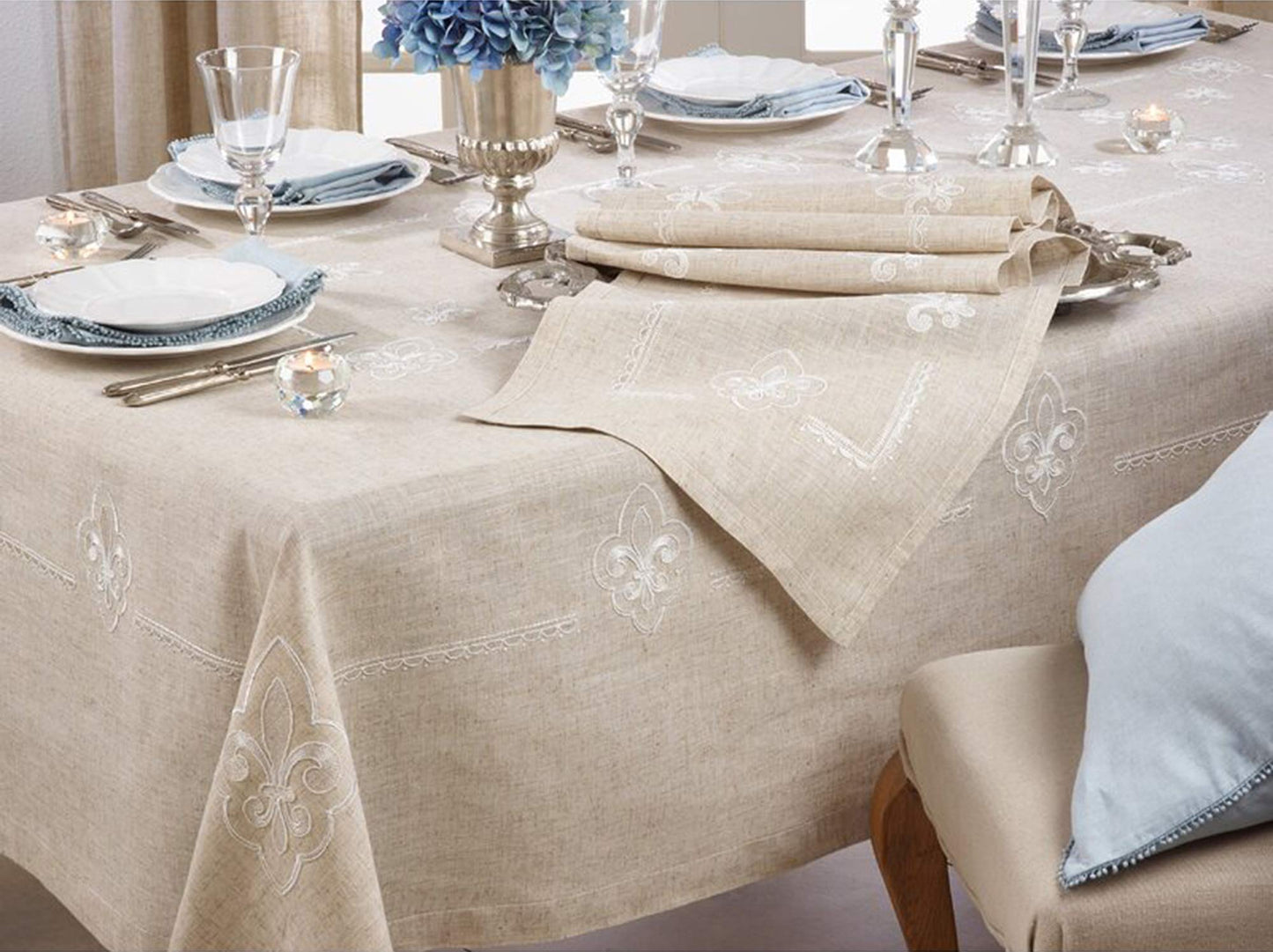 Fennco Styles Fabia Collection Elegant Embroidered Fleur de Lis Linen Table Linens – Table Linens for Dinner Party, Banquest, Special Events and Home Décor