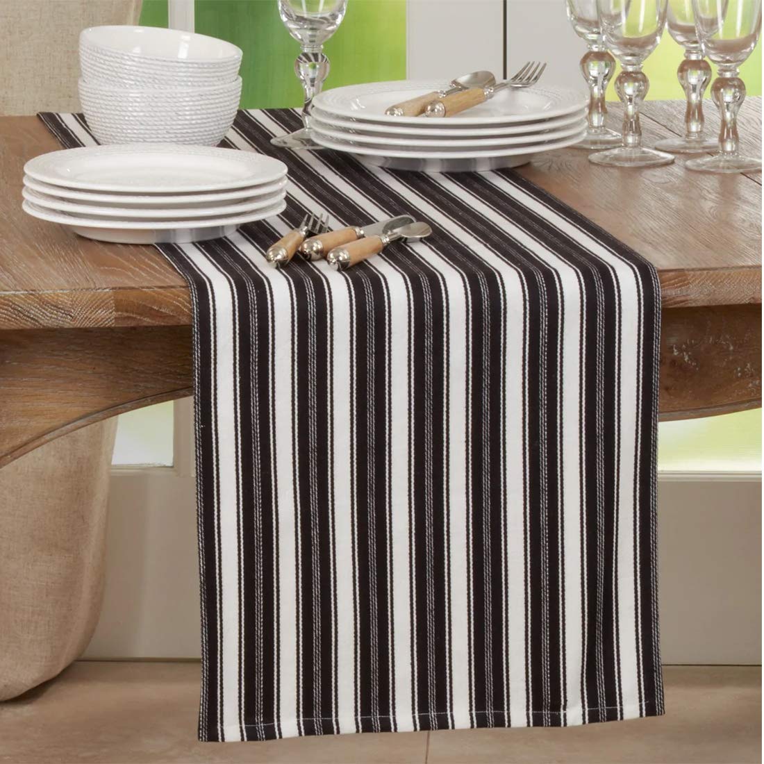 Fennco Styles Classic Striped Cotton Decorative Table Runner 16" W x 72" L - Black & White Table Cover for Banquets, Special Events, Everyday Use and Home Décor