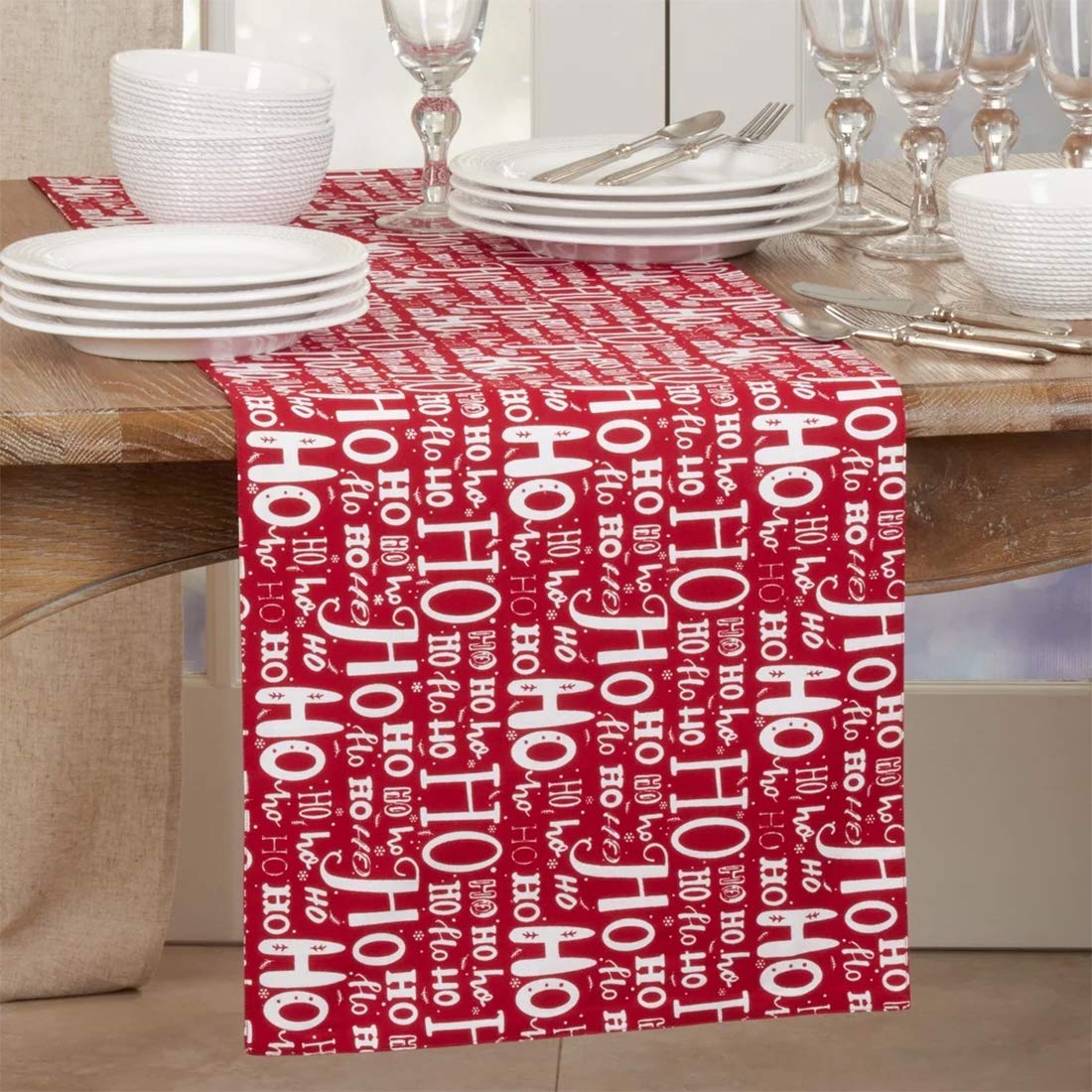 Fennco Styles Ho Ho Ho Holiday Table Runner 16" W x 72" L - Red Cotton Table Cover for Banquets, Christmas, Special Events and Home Décor