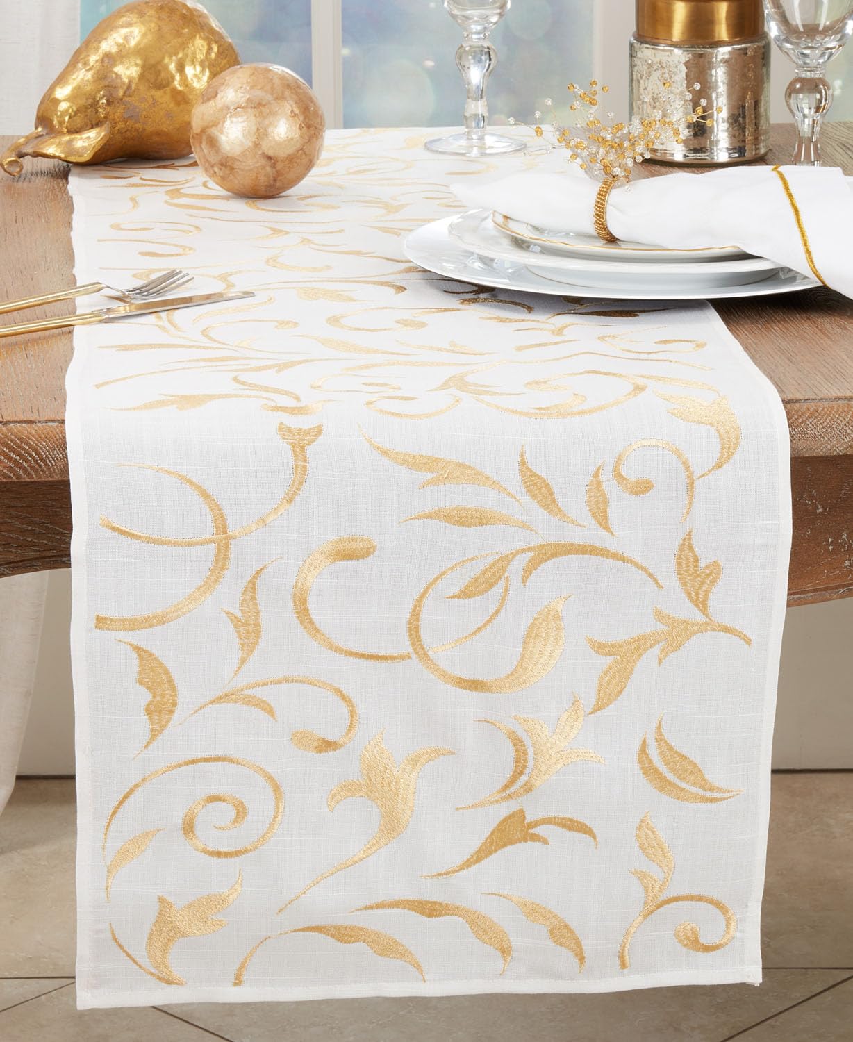 Fennco Styles Gold Embroidered Leaves Christmas Table Runner 16" W x 54" L