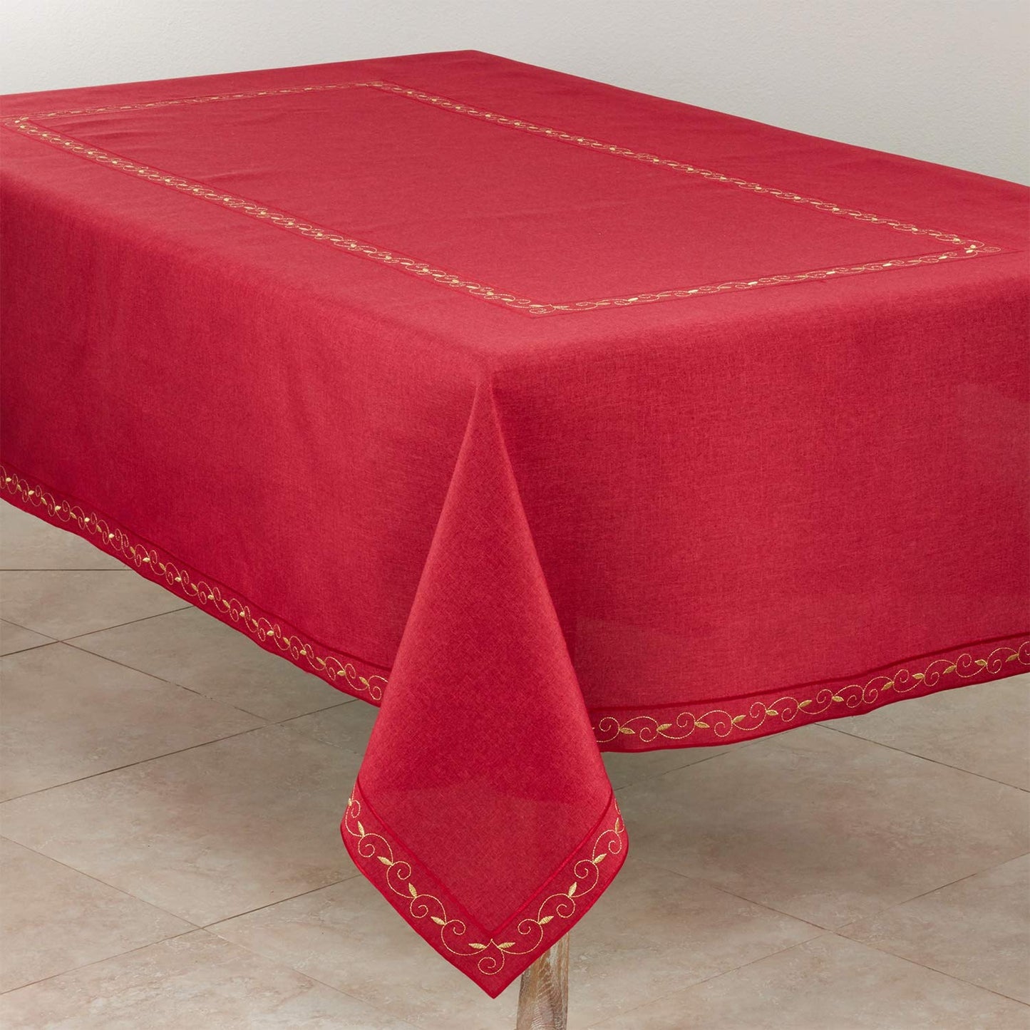 Fennco Styles Holiday Embroidered Bordered Design Tablecloth - Red Table Cover for Home Décor, Christmas, Banquets and Special Events