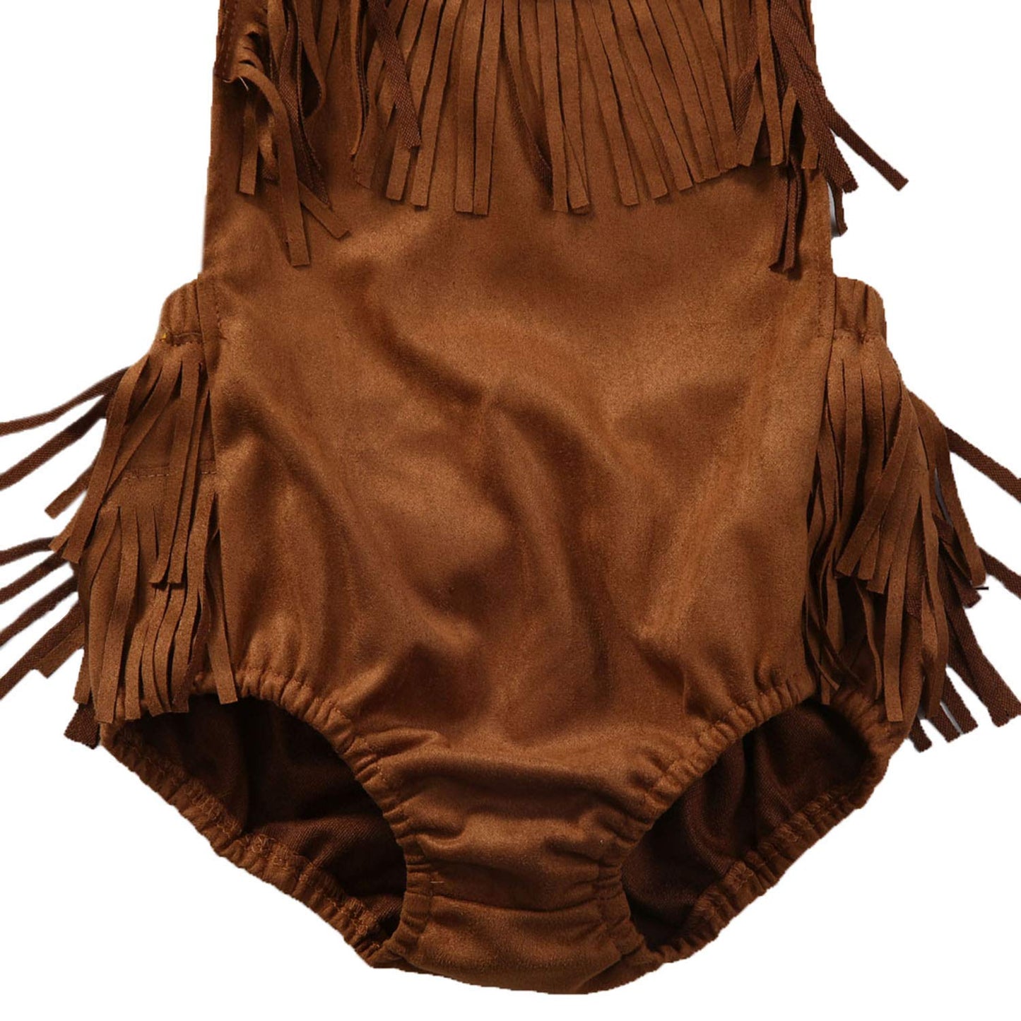 Infant Baby Girl Summer Halter Fringe Suede Brown Sunsuit Romper | Western Style, Adjustable Straps, 0-18 Months