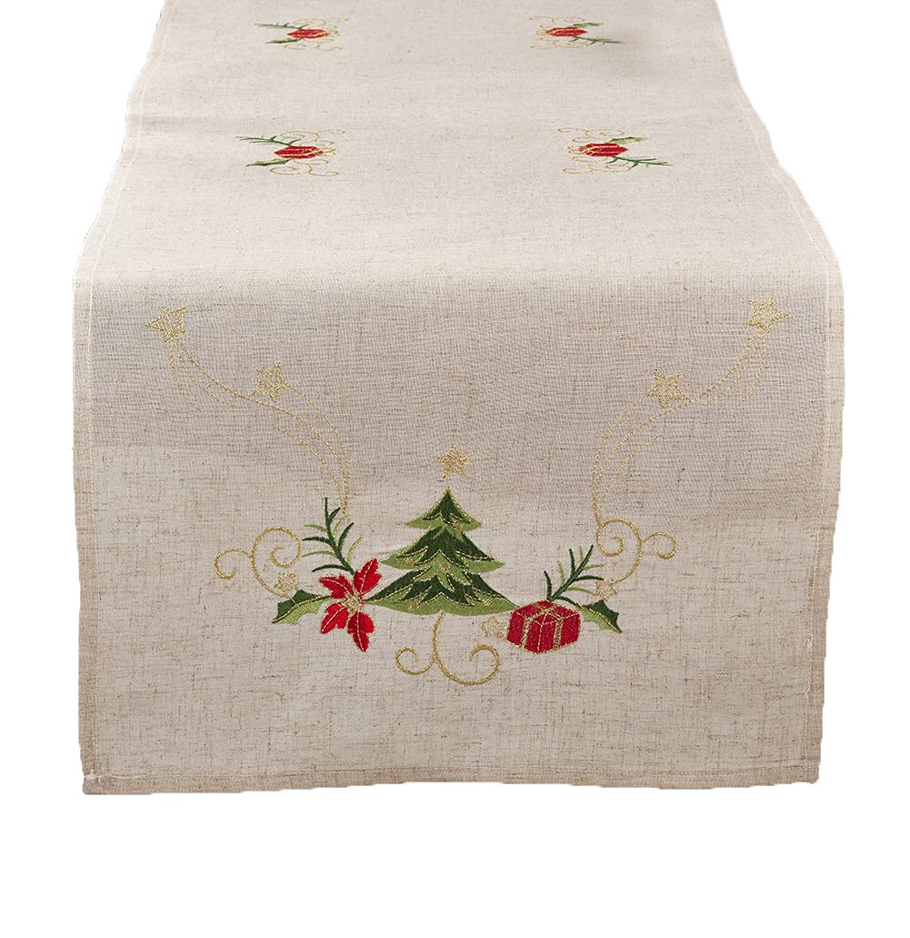 Fennco Styles Embroidered Christmas Tree Design Holiday Linen Blend Tablecloth