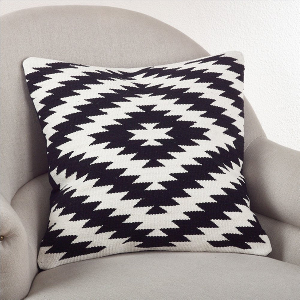 Fennco Styles Modern Kilim Design Cotton Down Filled Throw Pillow - Black & White Cushion for Home, Couch, Bedroom and Office Decor