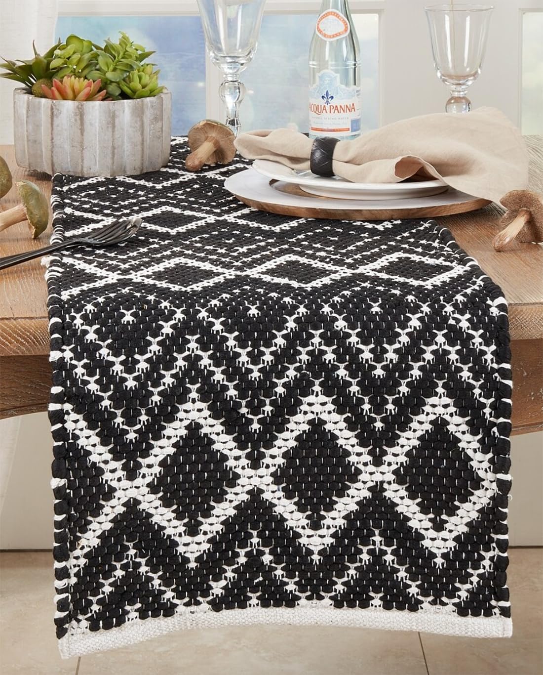 Fennco Styles Handcrafted Diamond Chindi Table Runner 16" W x 72" L - Black Geometric Rectangular Cotton Blend Table Cover for Boho Décor, Dining Table, Banquets, Family Gatherings