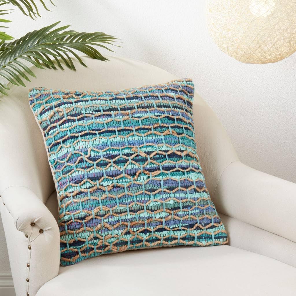 Fennco Styles Woven Net Chindi Cotton Jute Decorative Throw Pillow Cover 20" W x 20" L - Aqua Textured Cushion Case for Home, Couch, Living Room, Bedroom, Office and Holiday Décor