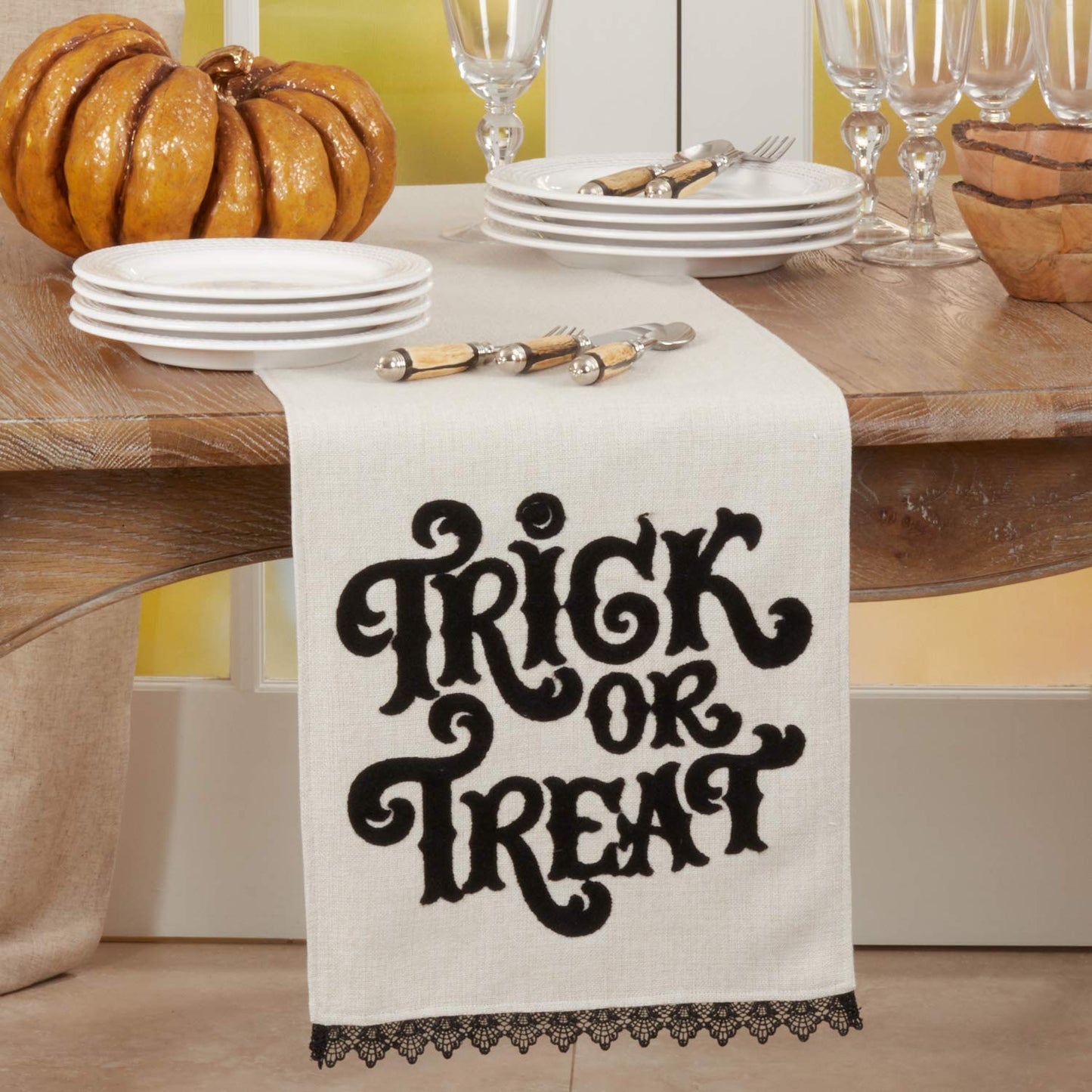 Fennco Styles TRICK OR TREAT Table Runner with Lace Edge Design 14" W x 72" L - Natural Table Cover for Home, Banquets, Halloween Event, Themed Party and Special Events