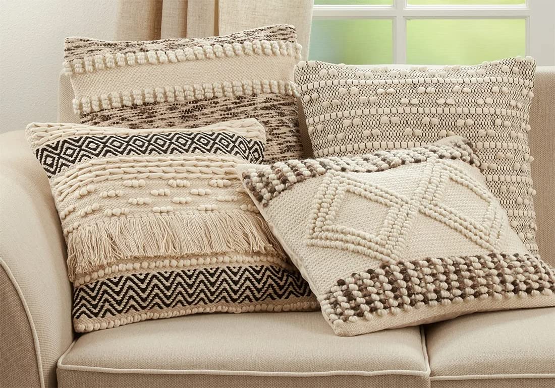 Fennco Styles Moroccan Fringe Cotton Decorative Throw Pillow 18" W x 18" L - Natural Square Cushion for Home, Couch, Living Room, Bedroom, Office and Holiday Décor