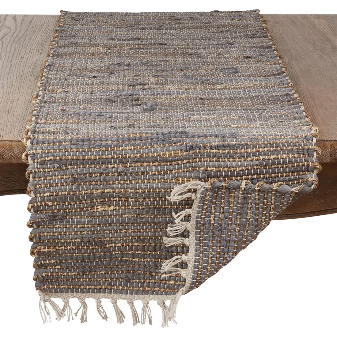 Fennco Styles Chindi Cotton Jute Table Runner with Fringe 16 x 72 Inch - Blue-Grey Table Cover for Home, Dining Room, Banquets, Family Gathering and Special Occasion