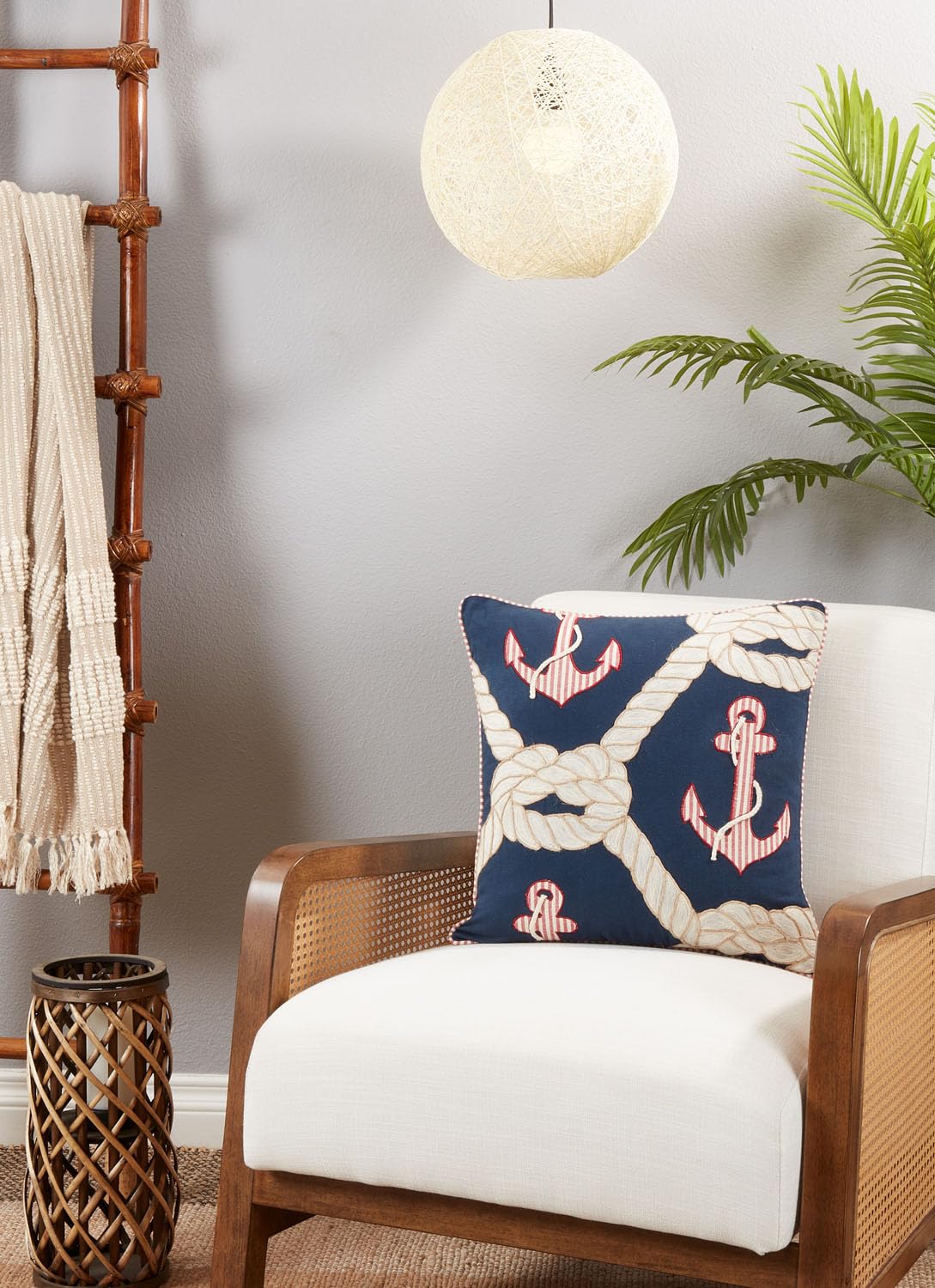 Fennco Styles Nautical Anchor & Rope Design Cotton Decorative Throw Pillow 18" W x 18" L – Navy Blue Coastal Cushion for Couch, Sofa, Bed, Holidays, Home Décor and Office Décor