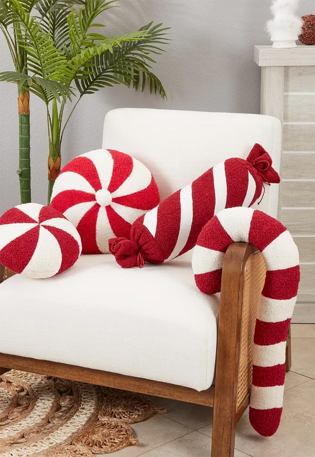 Fennco Styles Festive Candy Cane Design Decorative Filled Throw Pillow 13" X 13" Round - Red and White Holiday Accent Pillow for Christmas, Home, Couch, Bedroom, Living Room and Office Decor