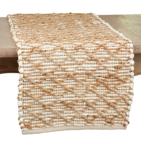 Fennco Styles Diamond Chindi Textured Table Runner 16" W x 72" L - Ivory Jute Cotton Woven Table Cover for Dining Room, Banquets, Family Gatherings