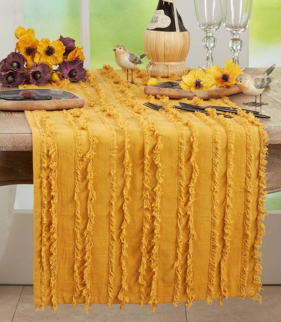 Fennco Styles Fringe Striped Modern Cotton Linen Table Runner 16”W x 72" L - Woven Table Cover for Home Décor, Dining Table, Banquets, Holidays and Special Occasions