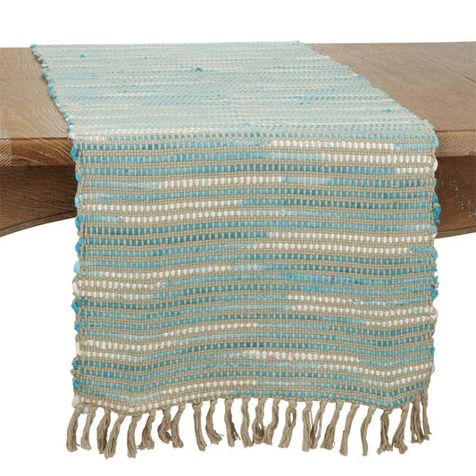 Fennco Styles Woven Stripe Fringe Cotton Table Runner 16" W x 72" L - Blue Rectangular Table Cover for Home Décor, Dining Table, Banquets, Family Gathering and Special Events