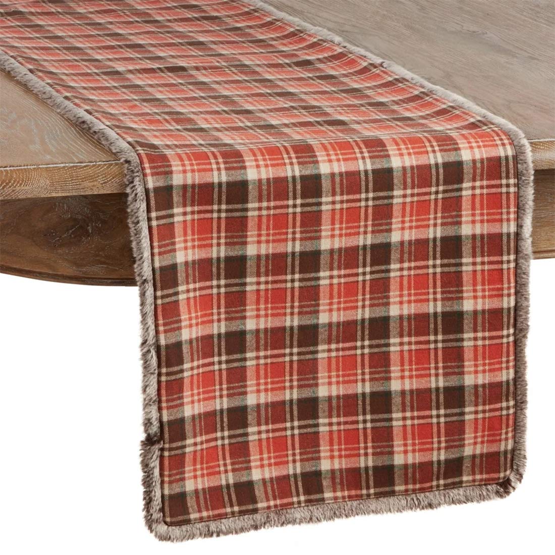 Fennco Styles Tartan Plaid Cotton Table Runner with Faux Fur Trim Design 16 x72 Inch - Rust Table Cover for Home Décor, Dining Table, Banquets, Holiday and Special Events