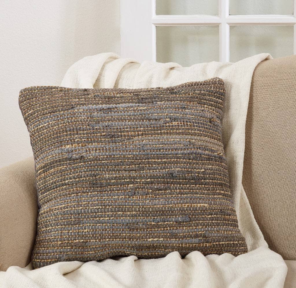 Fennco Styles Woven Chindi Striped Jute Cotton Decorative Throw Pillow 18" W x 18" L – Blue-Grey Cushion for Couch, Bedroom, Living Room and Office Décor