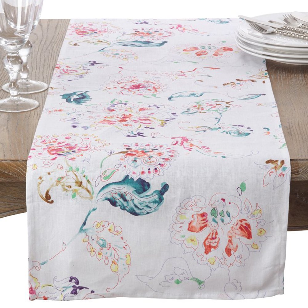 Fennco Styles Primavera Collection Printed Floral Design 100% Linen Table Runner