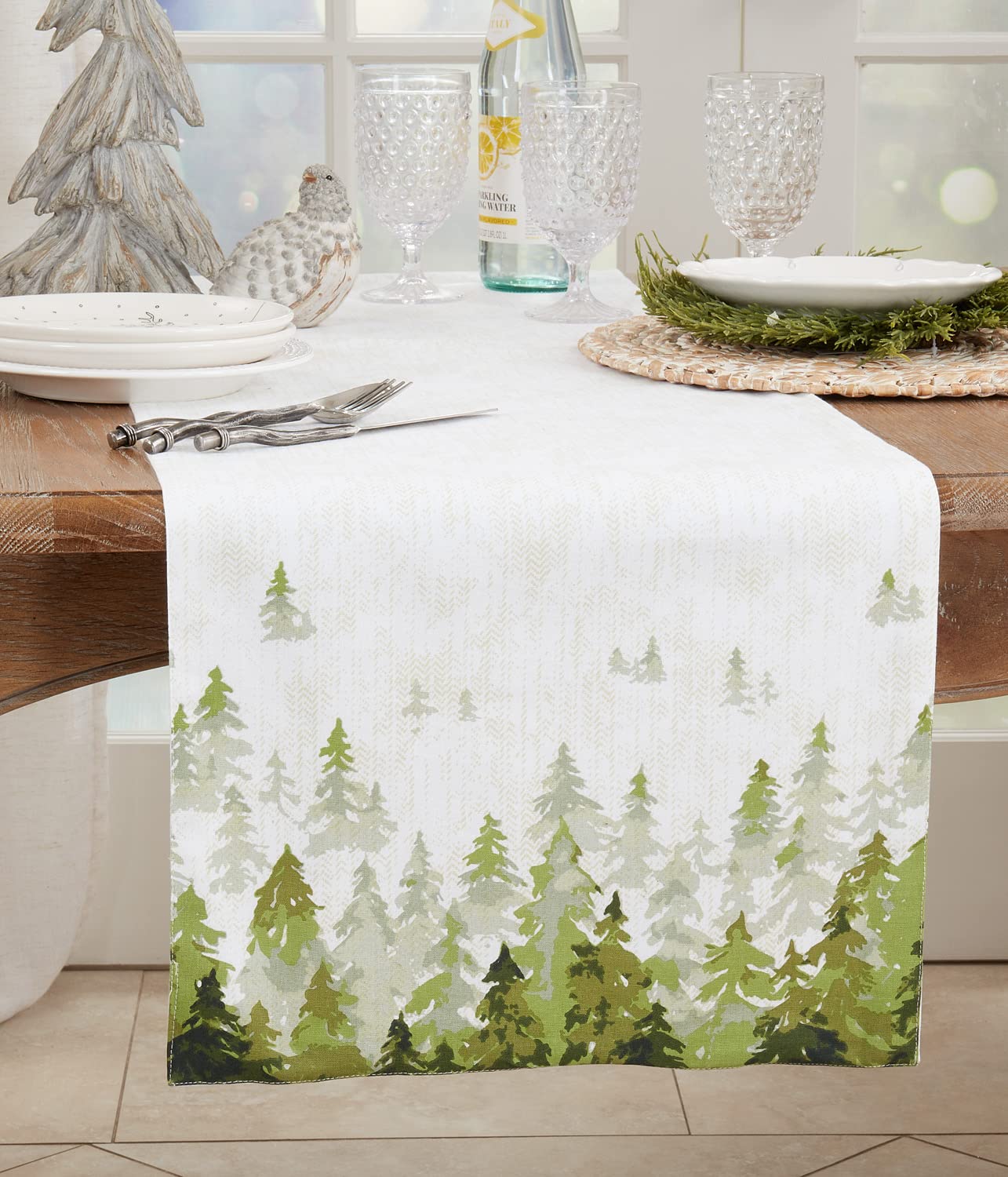 Fennco Styles Winter Pine Trees Christmas Cotton Table Runner 16" W x 72" L - Green Festive Table Cover for Home, Dining Room, Holiday Décor, Banquets, Holiday and Special Events