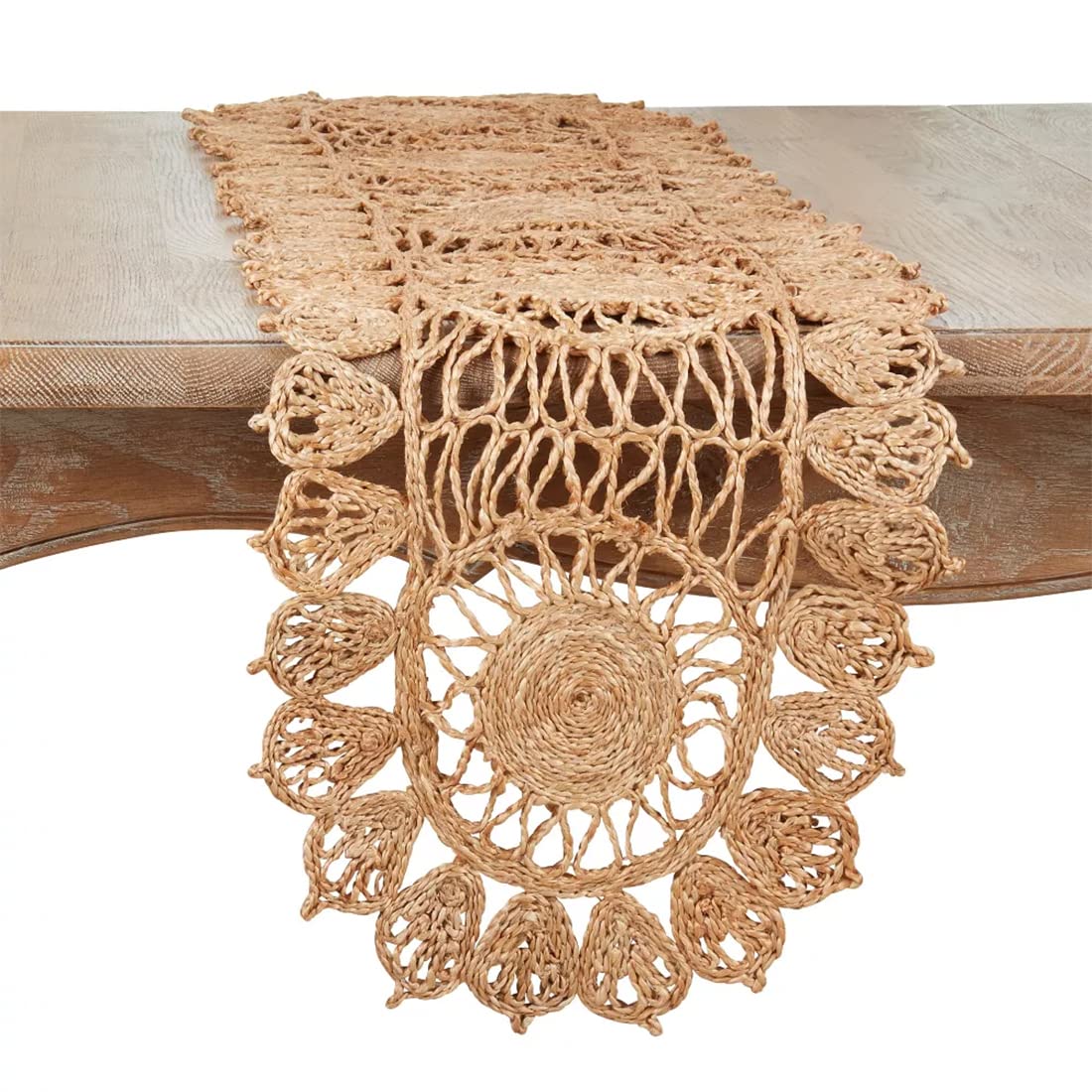 Fennco Styles Woven Jute Hollow Out Design Table Runner 13" W x 54" L - Natural Briaded Rustic Table Cover for Dining Room, Banquets, Family Gatherings, and Holidays