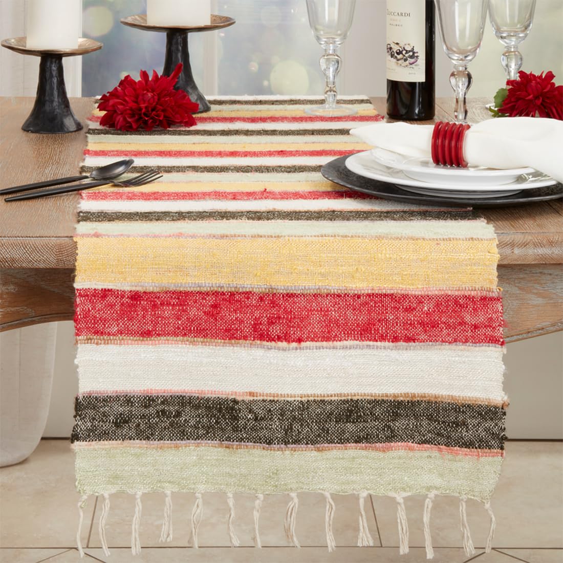 Fennco Styles Multicolor Striped with Fringe Table Runner 16" W x 72" L - 100% Cotton Table Cover for Home Décor, Dining Table, Banquets, Family Gathering and Special Events