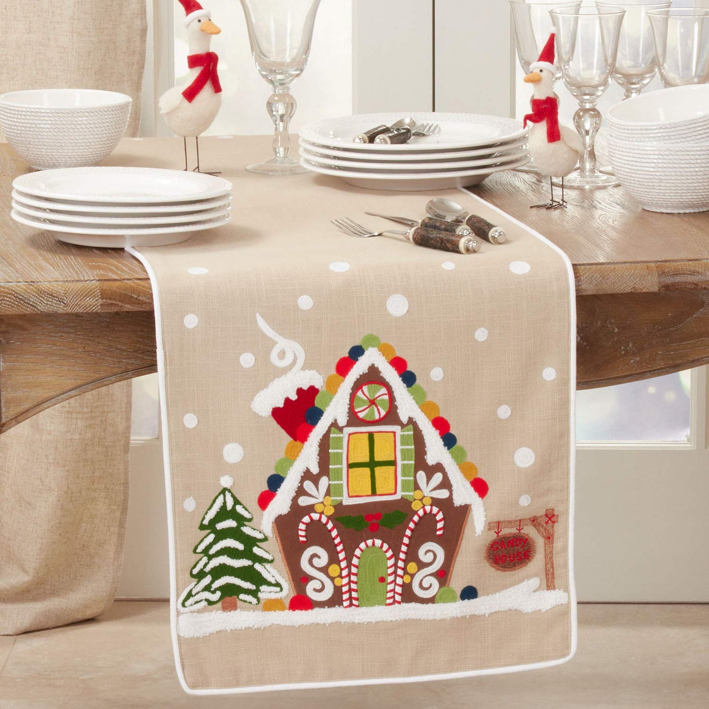 Fennco Styles Holiday Gingerbread House Cotton Table Runner 16" W x 72" L - Natural Festive Table Cover for Christmas Décor, Dining Table, Banquet, Family Gathering and Special Occasion