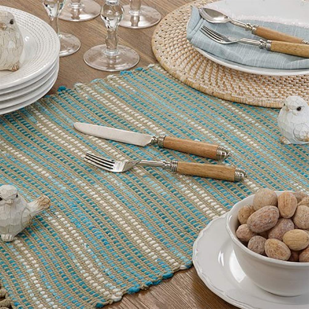 Fennco Styles Woven Stripe Fringe Cotton Table Runner 16" W x 72" L - Blue Rectangular Table Cover for Home Décor, Dining Table, Banquets, Family Gathering and Special Events