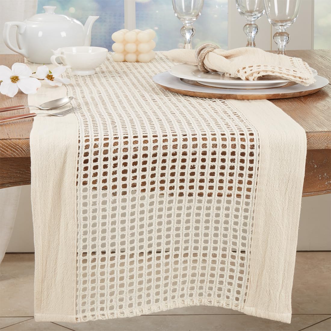 Fennco Styles Airy Net Design Cotton Table Runner 16" W x 72" L - Ivory Hollow Pattern Table Cover for Dining Room, Banquets, Family Gatherings, and Holidays