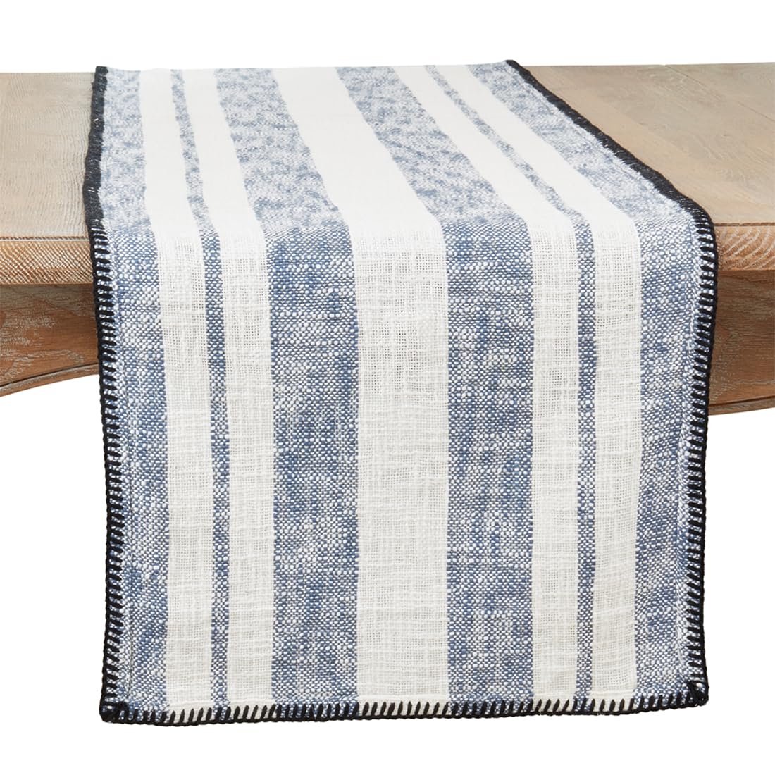 Fennco Styles Striped Design Whipstitch Table Runner 16" W x 72" L - Navy Blue Cotton Table Cover for Home, Dining Table, Banquets, Family Gatherings, Everyday Use and Special Occasions